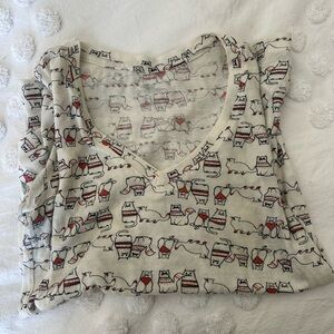 Cat Print V-Neck Top